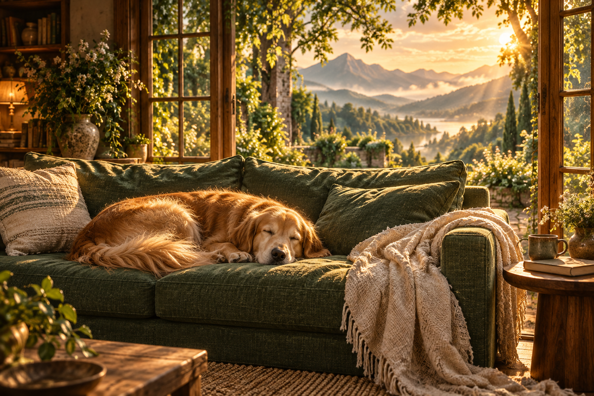 Illustration of a golden retriever asleep on a green linen sofa in warm evening light.