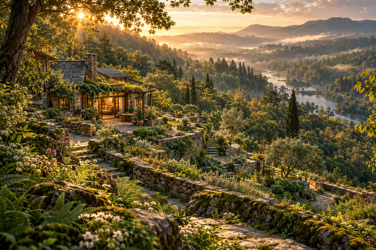 Illustrative terraced gardens surrounding a welcoming home, opening onto a sunlit forest and river valley.